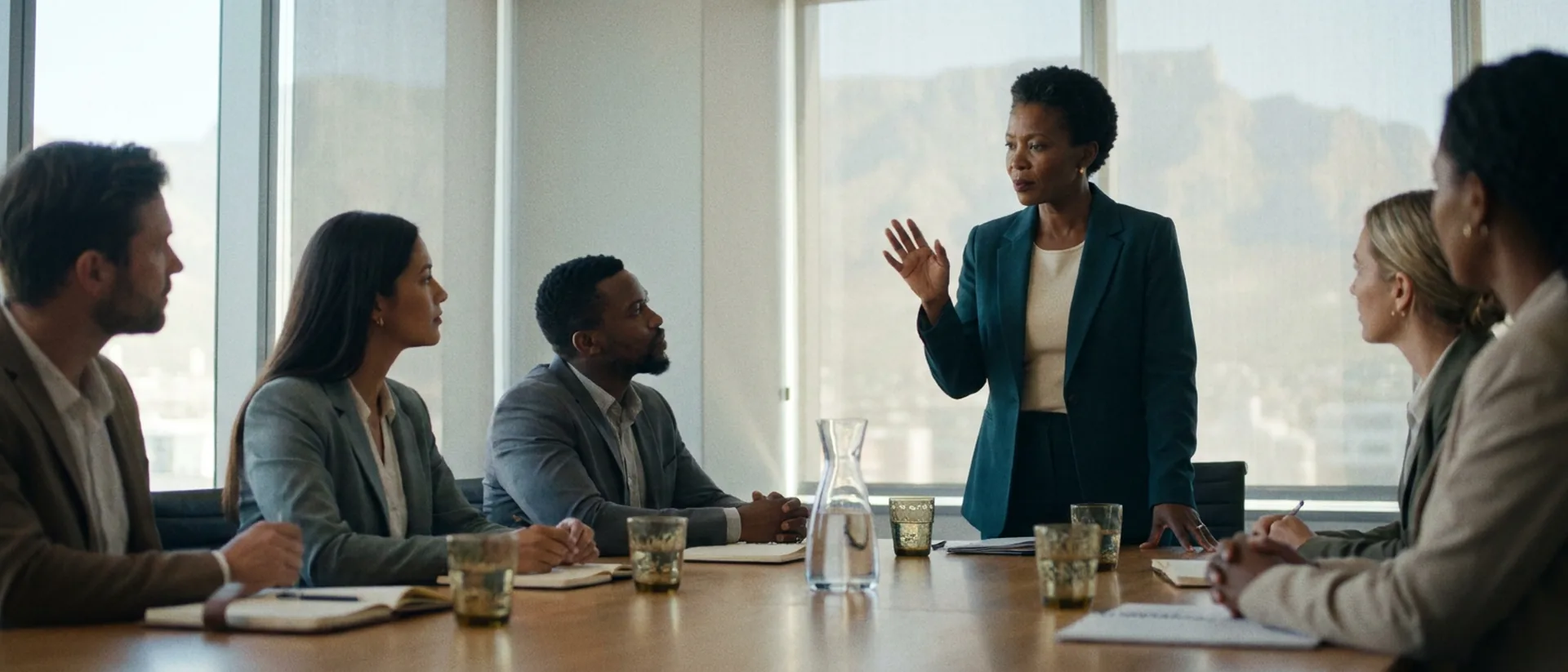 Lele Mehlomakulu leading a strategy session at the head of a boardroom table